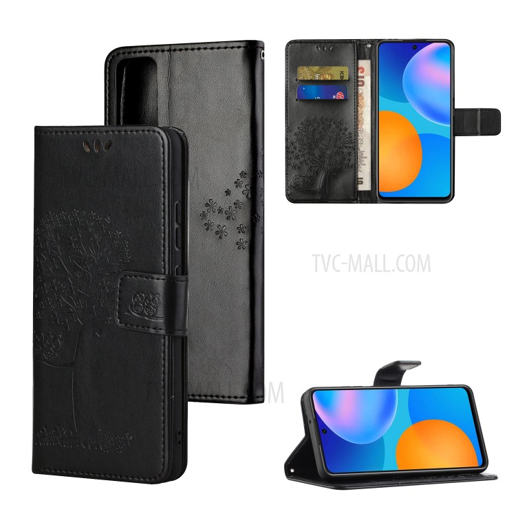 Imprint Tree Owl Wallet Leather Cover Case for Honor 10X Lite - Black-1