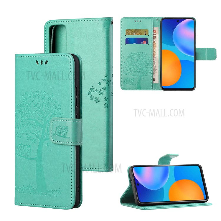 Imprint Tree Owl Wallet Leather Cover Case for Honor 10X Lite - Cyan-1