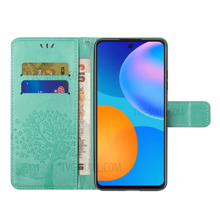 Imprint Tree Owl Wallet Leather Cover Case for Honor 10X Lite - Cyan-5