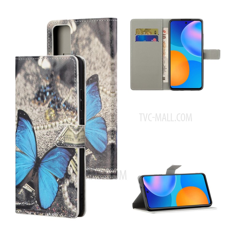 Wallet Stand Leather Pattern Printing Protective Case for Honor 10X Lite - Blue Butterfly-1