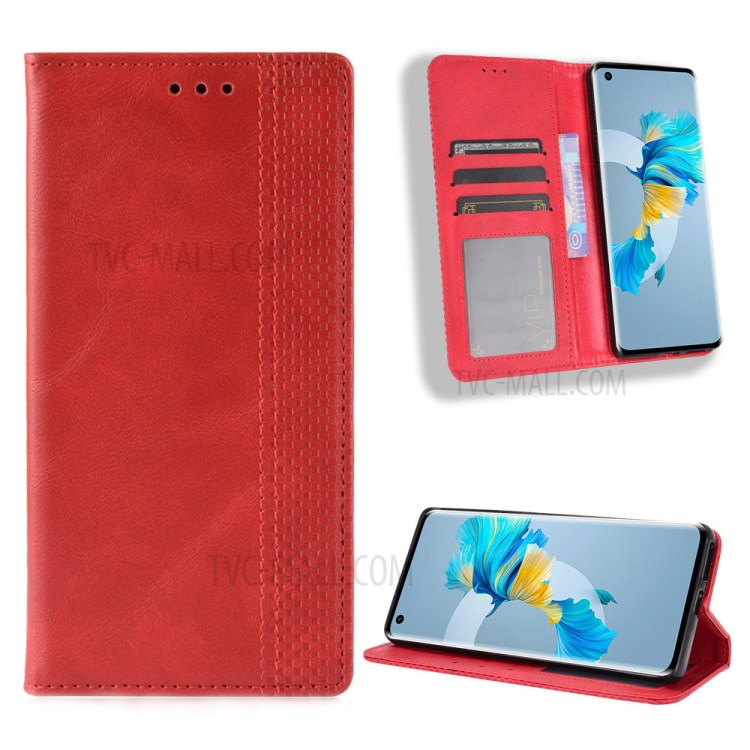 Magnetic Vintage Style Phone Case Wallet Stand Leather Cover for Huawei Mate 40 - Red-1