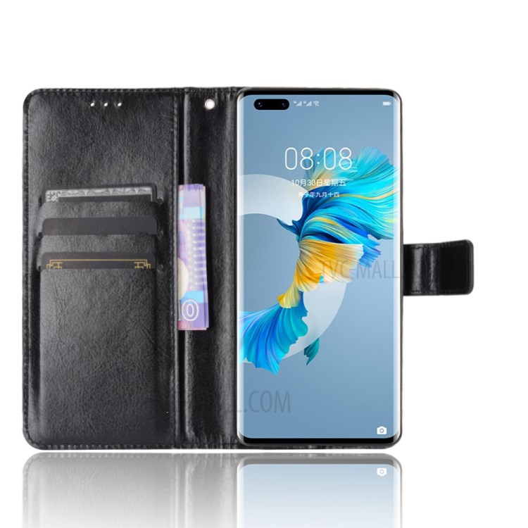 Crazy Horse Wallet Stand Leather Shell with Strap for Huawei Mate 40 Pro - Black-4