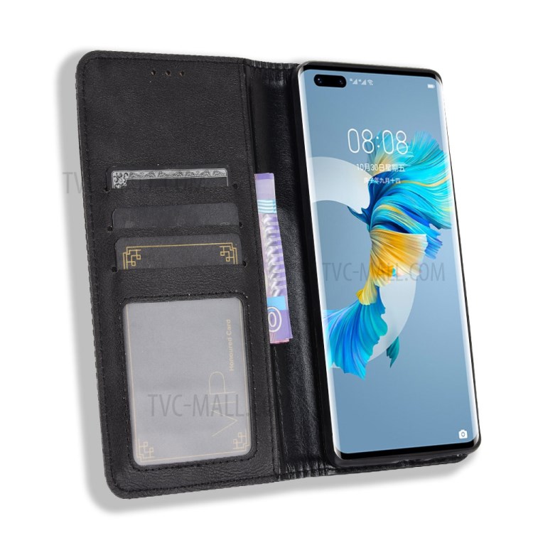 Magnetic Vintage Style Phone Case Wallet Stand Leather Cover for Huawei Mate 40 Pro - Black-4