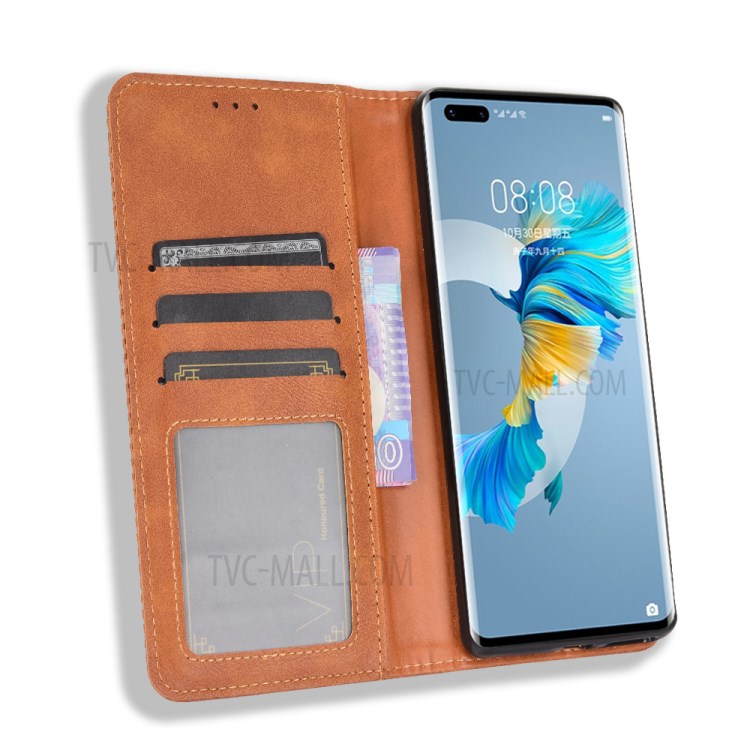 Magnetic Vintage Style Phone Case Wallet Stand Leather Cover for Huawei Mate 40 Pro - Brown-4