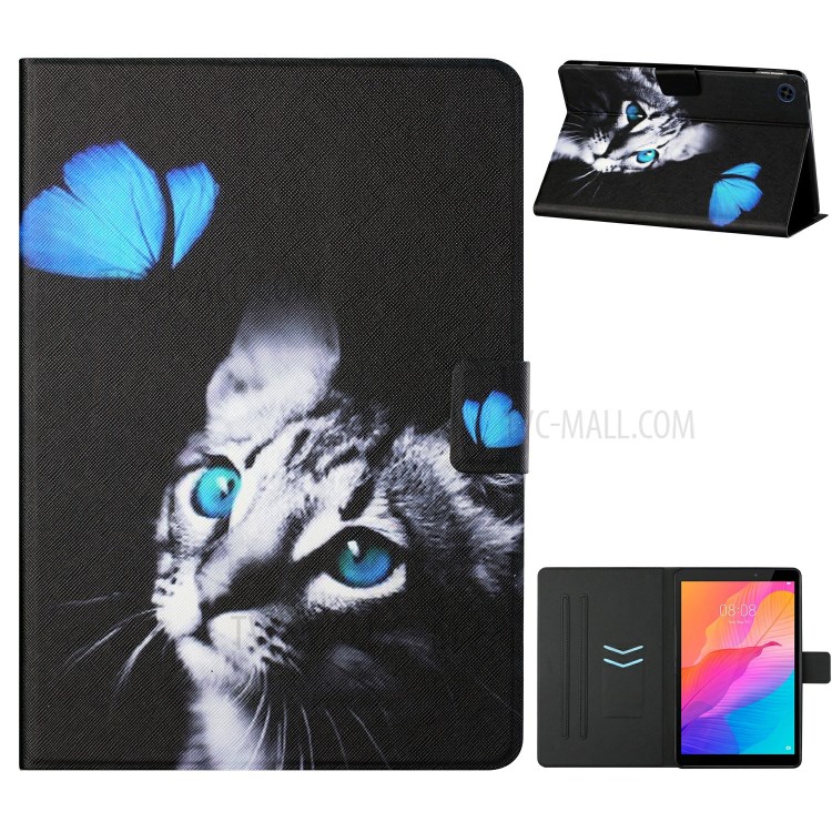 Distinctive Pattern Printing for Huawei MatePad T8 Card Slots Stand Flip Leather Cover - Cat and Butterfly-1