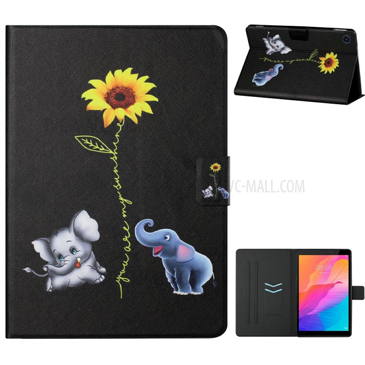 Distinctive Pattern Printing for Huawei MatePad T8 Card Slots Stand Flip Leather Cover - Elephants and Sunflower-1