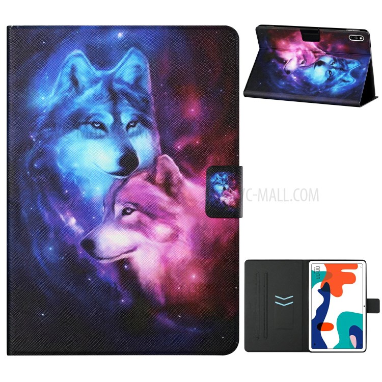 Distinctive Patterned Stand Protector for Honor V6/Huawei MatePad 10.4 (2020) Card Slots Leather Cover - Couple Wolf-1