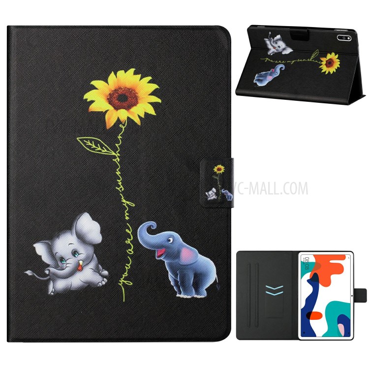 Distinctive Patterned Stand Protector for Honor V6/Huawei MatePad 10.4 (2020) Card Slots Leather Cover - Elephants and Sunflower-1