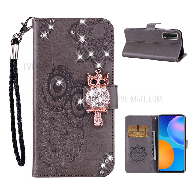Owl Imprint Rhinestone Decor Leather Phone Case for Huawei P Smart 2021 / Huawei Y7a - Grey-1