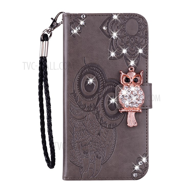 Owl Imprint Rhinestone Decor Leather Phone Case for Huawei P Smart 2021 / Huawei Y7a - Grey-2