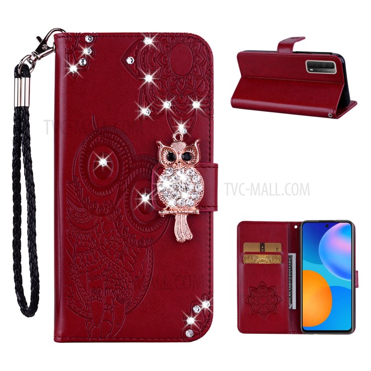 Owl Imprint Rhinestone Decor Leather Phone Case for Huawei P Smart 2021 / Huawei Y7a - Red-1