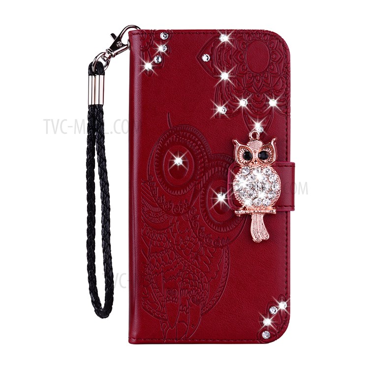 Owl Imprint Rhinestone Decor Leather Phone Case for Huawei P Smart 2021 / Huawei Y7a - Red-2