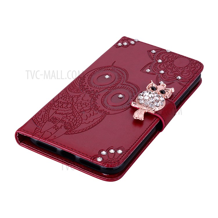 Owl Imprint Rhinestone Decor Leather Phone Case for Huawei P Smart 2021 / Huawei Y7a - Red-3