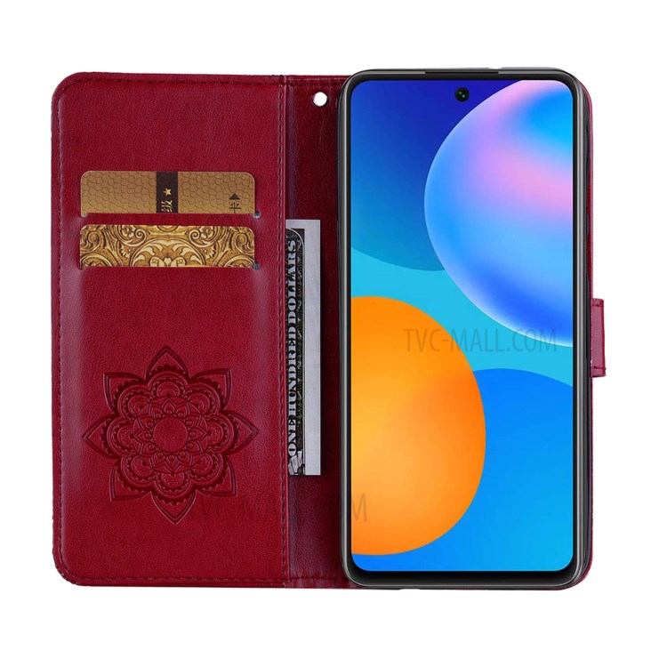 Owl Imprint Rhinestone Decor Leather Phone Case for Huawei P Smart 2021 / Huawei Y7a - Red-7