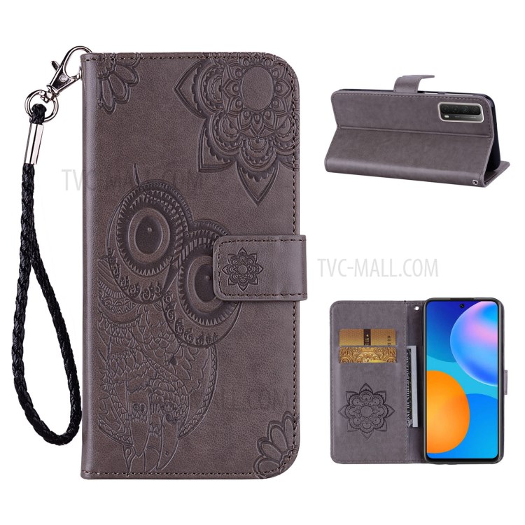 Imprint Owl Flower Leather Shell for Huawei P smart 2021/Y7a Protector Stand Cover - Grey-1