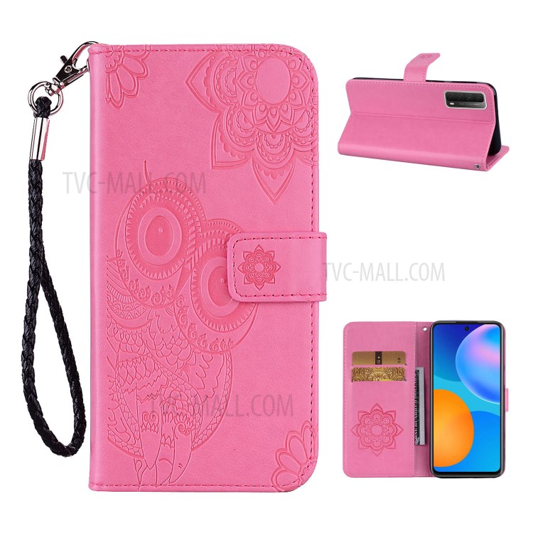 Imprint Owl Flower Leather Shell for Huawei P smart 2021/Y7a Protector Stand Cover - Pink-1