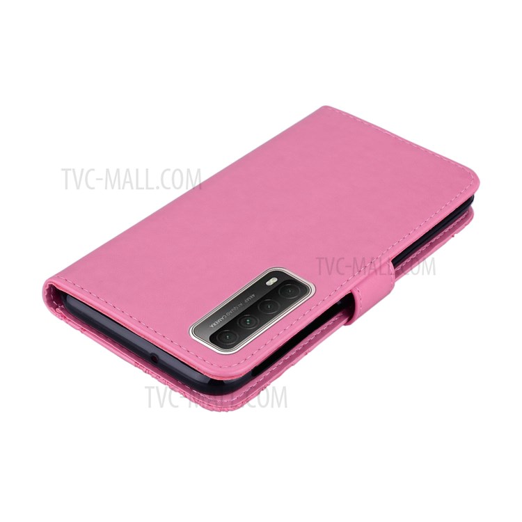 Imprint Owl Flower Leather Shell for Huawei P smart 2021/Y7a Protector Stand Cover - Pink-5