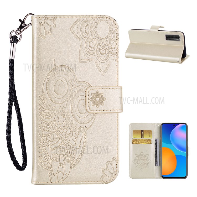 Imprint Owl Flower Leather Shell for Huawei P smart 2021/Y7a Protector Stand Cover - Gold-1