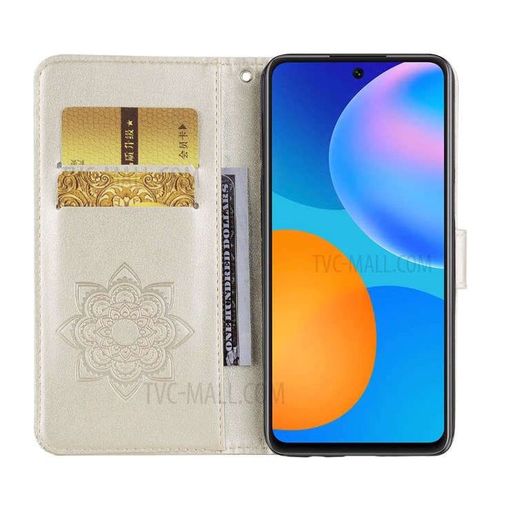 Imprint Owl Flower Leather Shell for Huawei P smart 2021/Y7a Protector Stand Cover - Gold-7