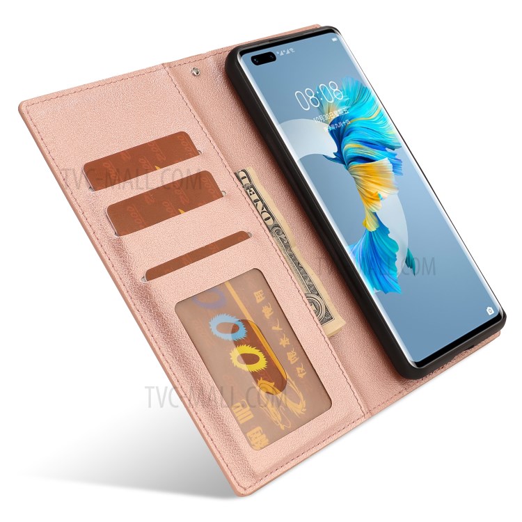 Caja De Cuero De Cuero Billetera Desmontable Caso De TPU Para Huawei Mate 40 Pro Cubierta Protectora - Oro Rosa-3