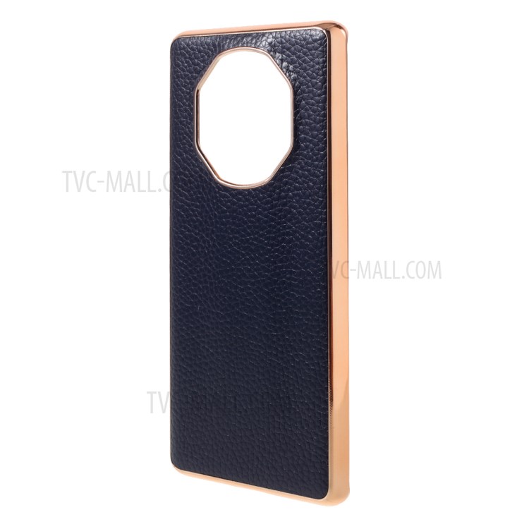 Plated TPU + Genuine Leather Litchi Texture Phone Case for Huawei Mate 40 RS Porsche Design - Blue-2