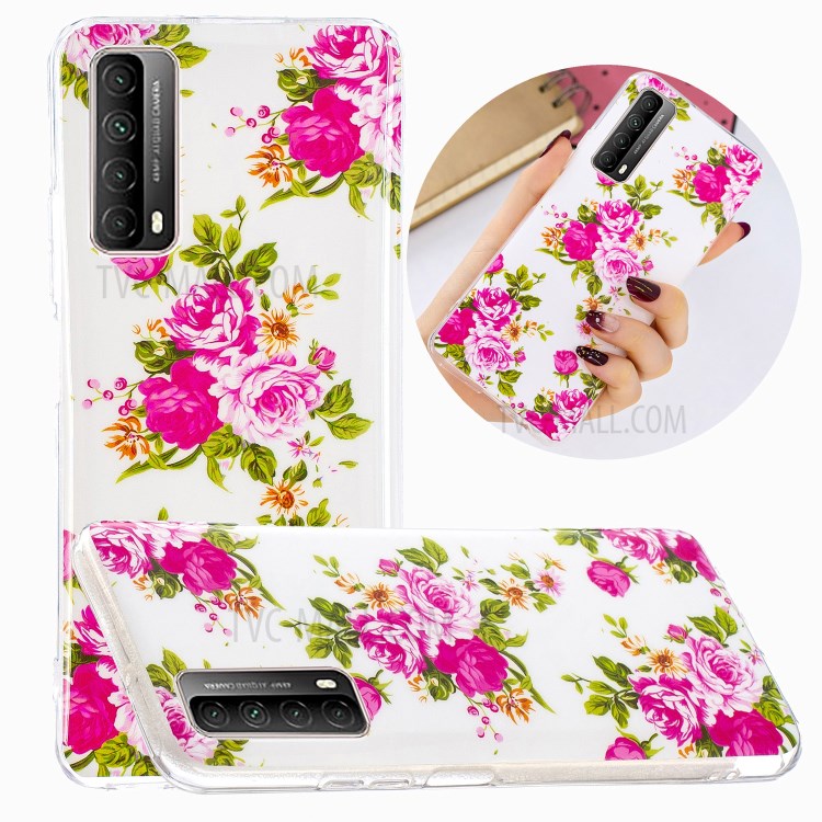 Unique Noctilucent IMD TPU Case for Huawei P smart 2021/Y7a Protective Cover - Blooming Peonies-2