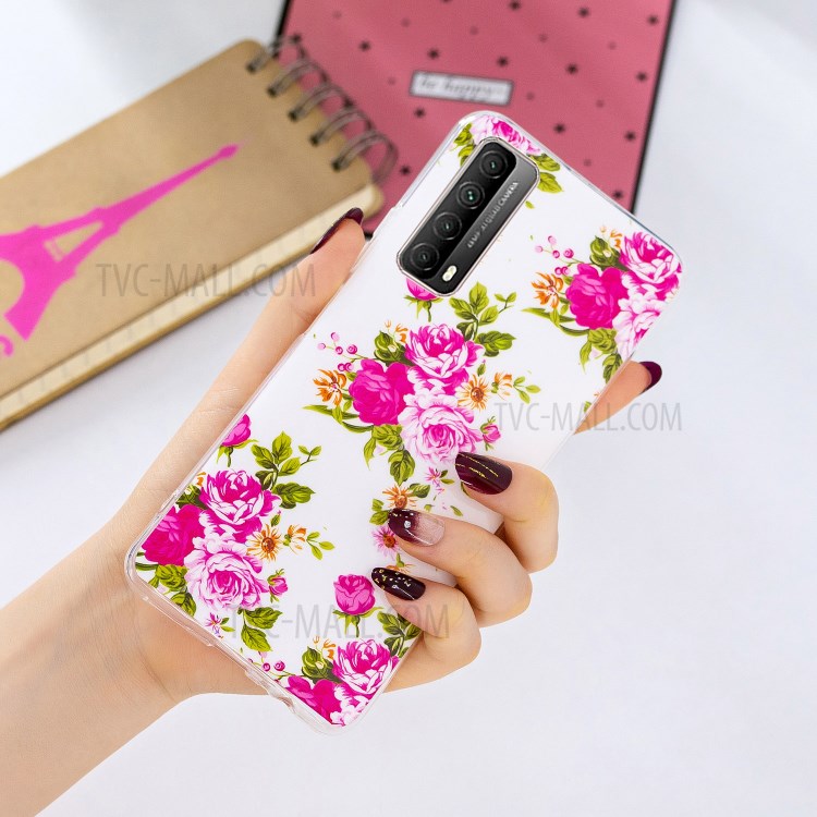 Unique Noctilucent IMD TPU Case for Huawei P smart 2021/Y7a Protective Cover - Blooming Peonies-5