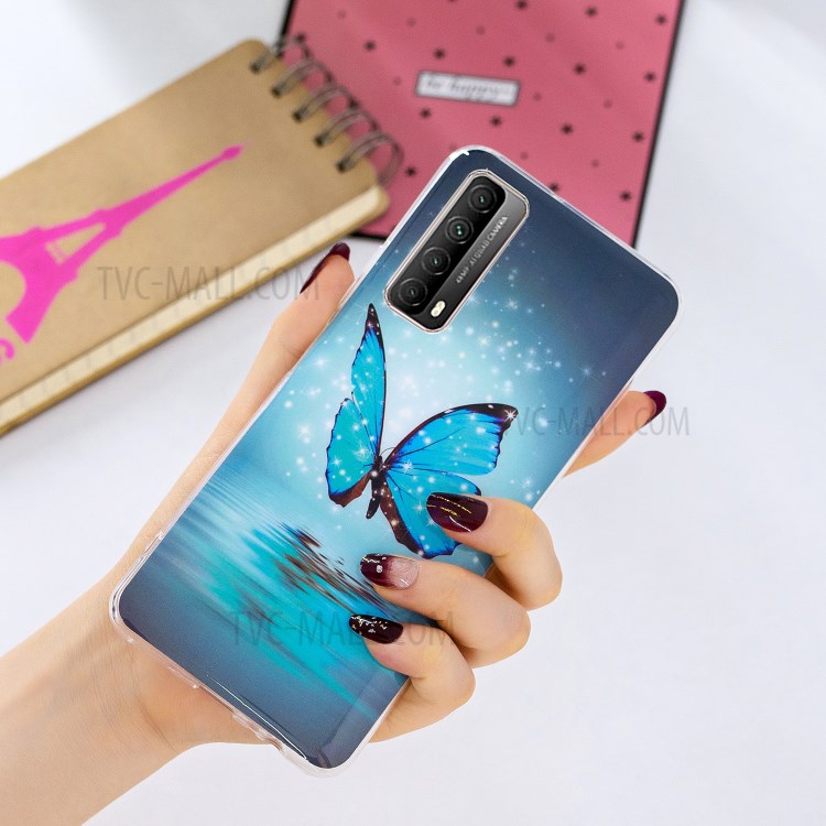 Unique Noctilucent IMD TPU Case for Huawei P smart 2021/Y7a Protective Cover - Blue Butterfly-5