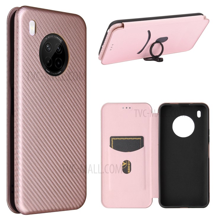 Auto-absorbed Carbon Fiber Texture Stand Cover for Huawei Y9a Leather Case - Pink-1