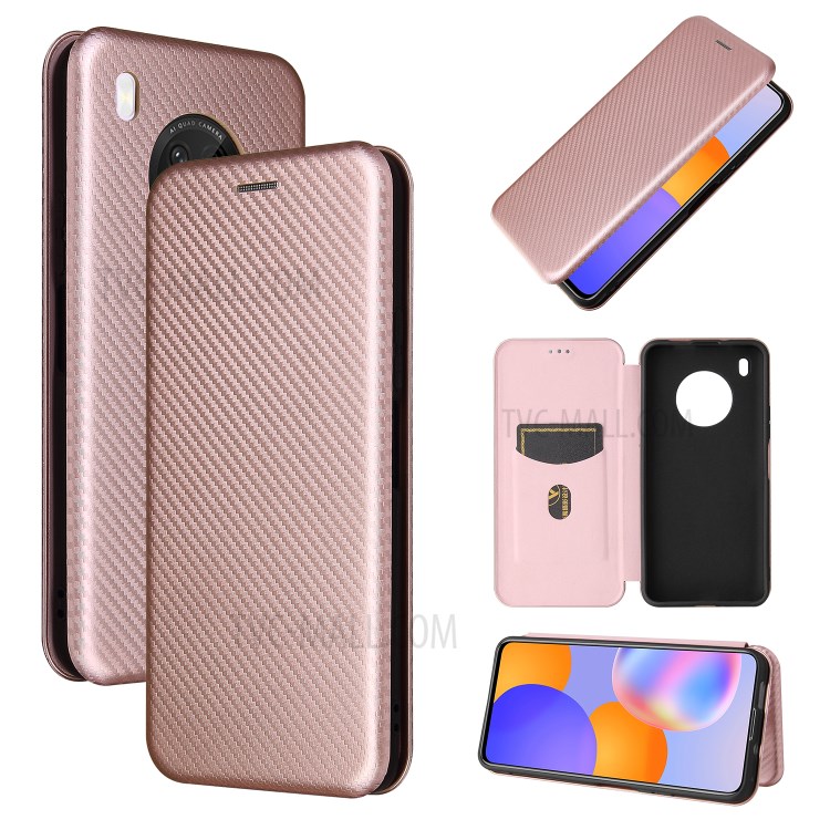 Auto-absorbed Carbon Fiber Texture Stand Cover for Huawei Y9a Leather Case - Pink-4
