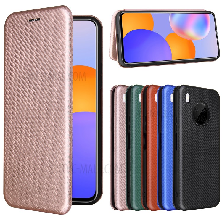 Auto-absorbed Carbon Fiber Texture Stand Cover for Huawei Y9a Leather Case - Pink-5