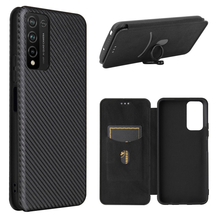 Auto-absorbed Stand Cover for Honor 10X Lite Carbon Fiber Texture Leather Case - Black-1