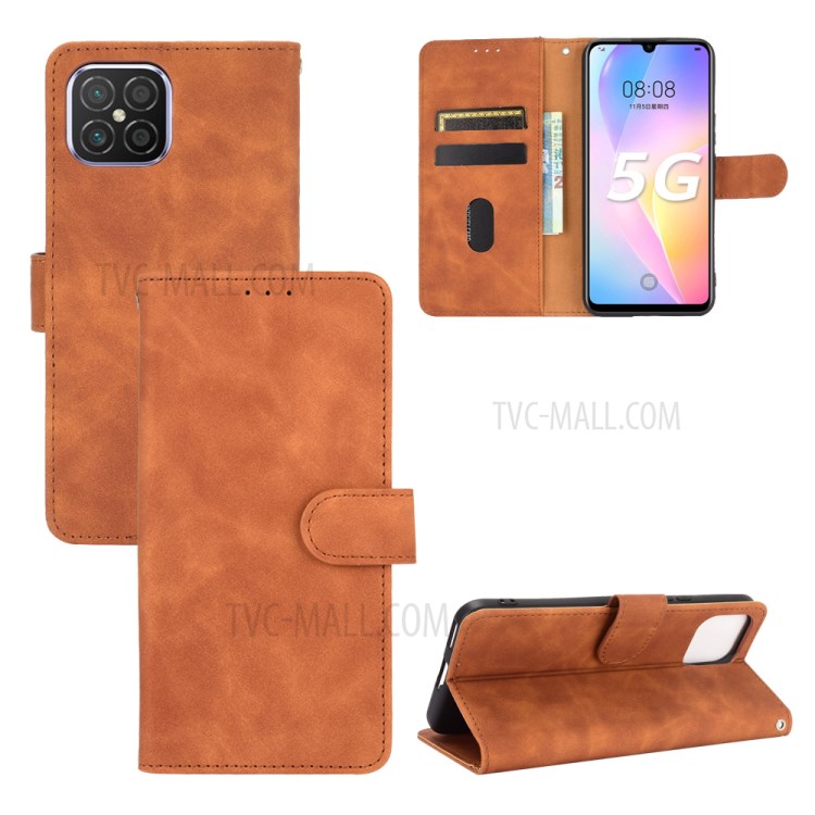 Comfortable Touch Feeling PU Leather Phone Case with Wallet + Stand for Huawei nova 8 SE - Brown-1