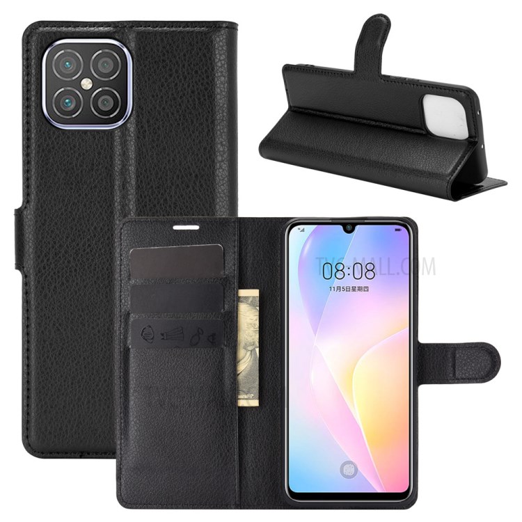 Litchi Skin Wallet Style Case with Stand Leather Protector Shell for Huawei nova 8 SE - Black-5