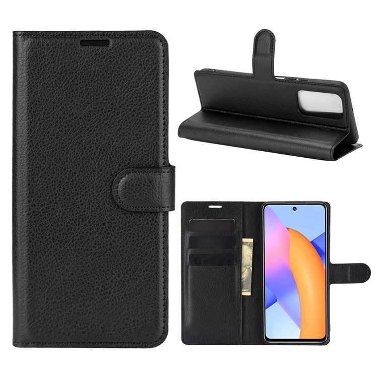 Coque De Style Portefeuille De Grain De Litchi Pour Honor 10x Lite Stand Du Cuir Protector Shell - Noir-1