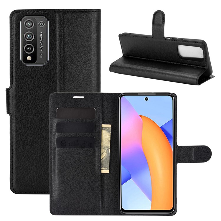 Coque De Style Portefeuille De Grain De Litchi Pour Honor 10x Lite Stand Du Cuir Protector Shell - Noir-5