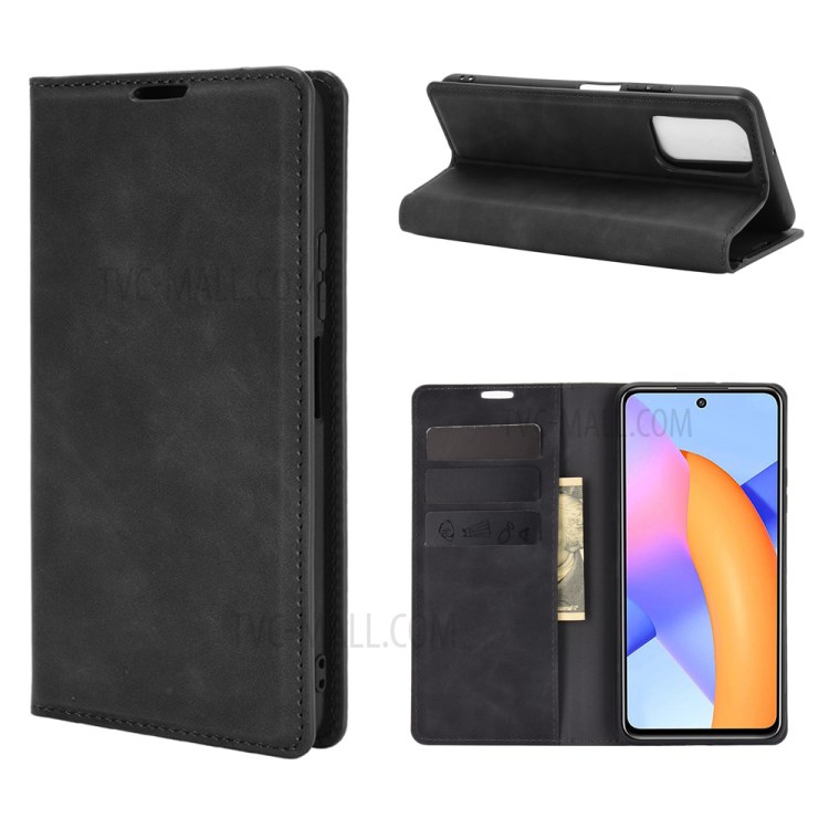 Skin-Touch Leather Flip Shell for Honor 10X Lite Wallet Stand Phone Case - Black-1