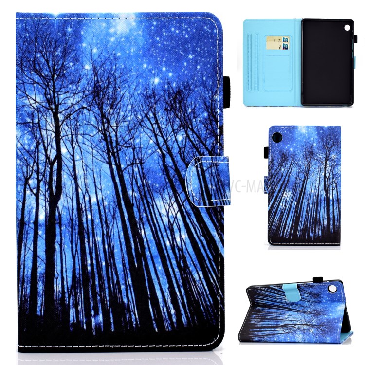 Stitching Leather with Card Holder Tablet Cover with Pattern Printing for Huawei MatePad T10/T10S - Blue/Trees-1
