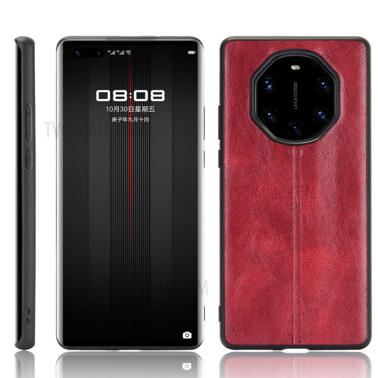 PU Leather with Stitching Line Coated PC Panel + TPU Frame Hybrid Case for Huawei Mate 40 RS Porsche Design - Red-1