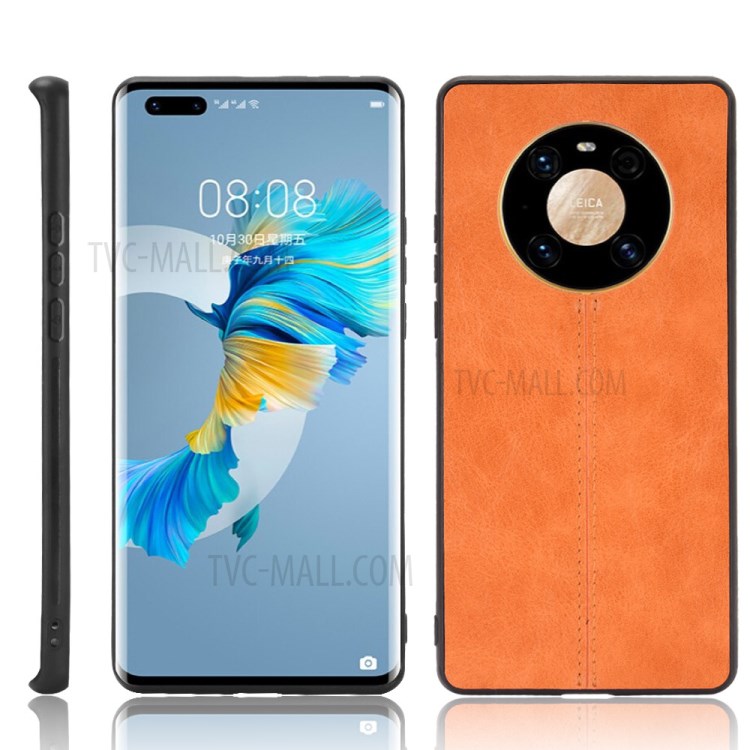 PU Leather Coated PC Panel + TPU Frame Stitching Line Hybrid Case for Huawei Mate 40 Pro Plus - Orange-1