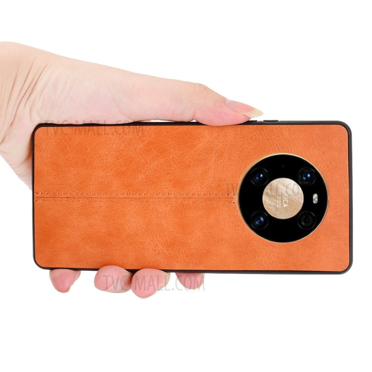 PU Leather Coated PC Panel + TPU Frame Stitching Line Hybrid Case for Huawei Mate 40 Pro Plus - Orange-4