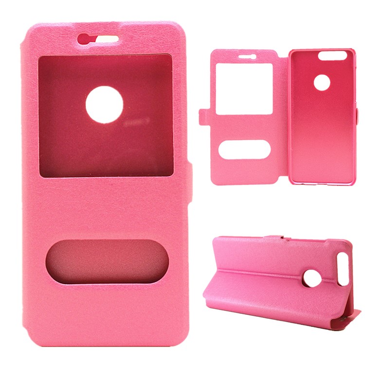 Silk Texture Dual Window Leather Stand Case for Huawei Honor 8 - Rose-1