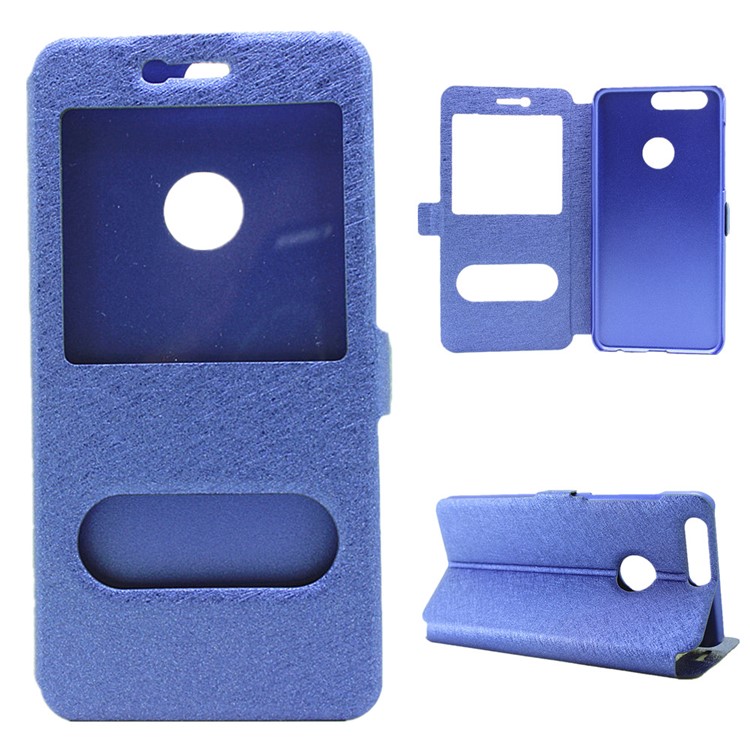 Silk Texture Dual Window Leather Stand Shell for Huawei Honor 8 - Blue-1