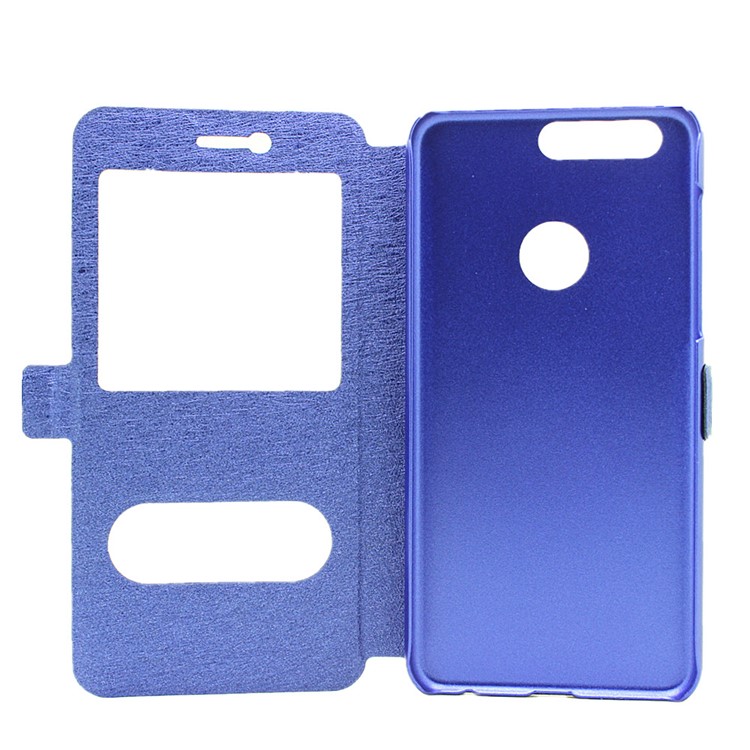Silk Texture Dual Window Leather Stand Shell for Huawei Honor 8 - Blue-4
