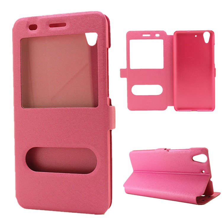 Silk Texture Dual Window Leather Stand Case for Huawei Y6II / Honor 5A - Rose-1