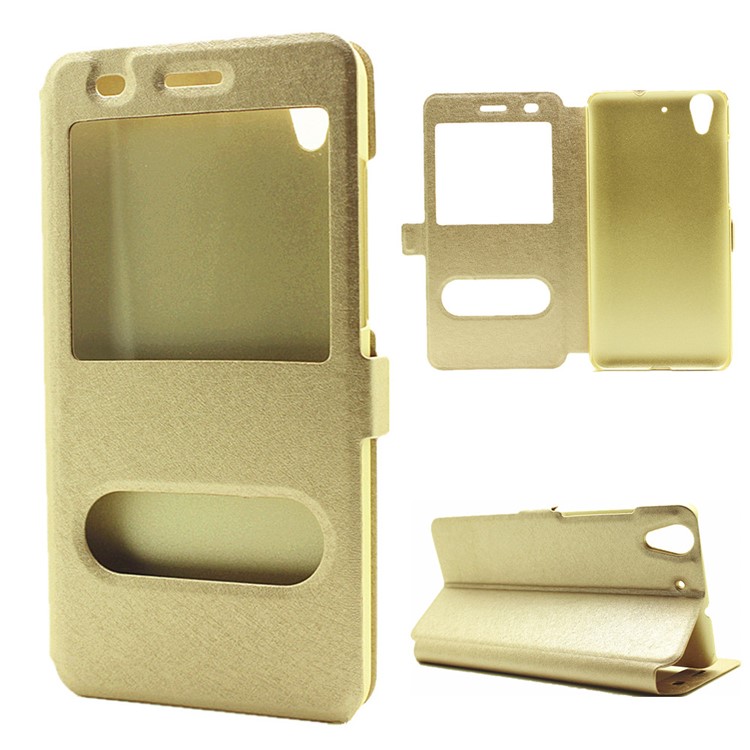 Silk Texture Dual Window Leather Stand Cover for Huawei Y6II / Honor 5A - Gold-1