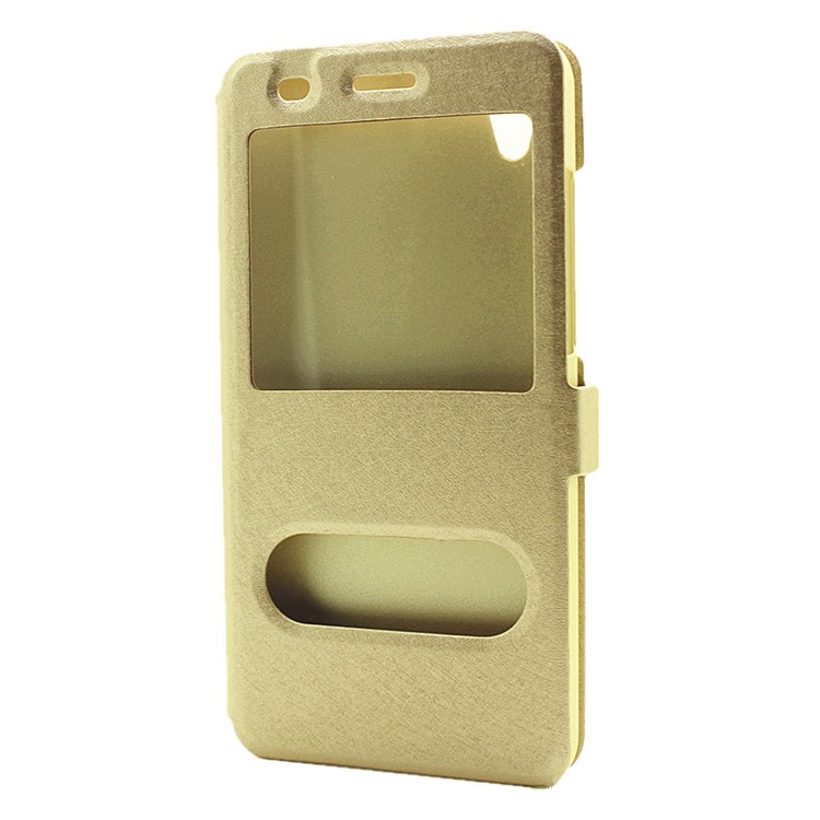 Silk Texture Dual Window Leather Stand Cover for Huawei Y6II / Honor 5A - Gold-2
