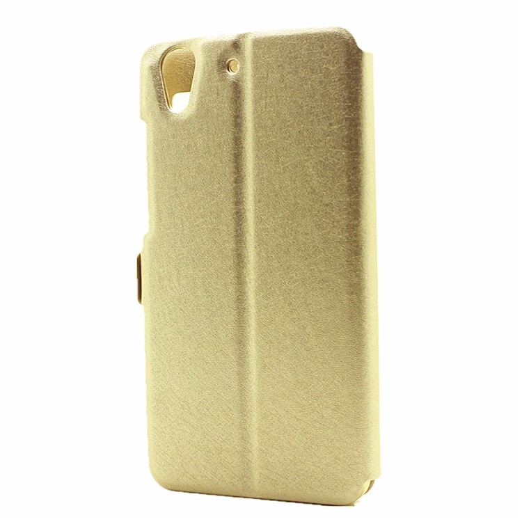 Silk Texture Dual Window Leather Stand Cover for Huawei Y6II / Honor 5A - Gold-3