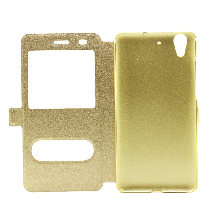 Silk Texture Dual Window Leather Stand Cover for Huawei Y6II / Honor 5A - Gold-4
