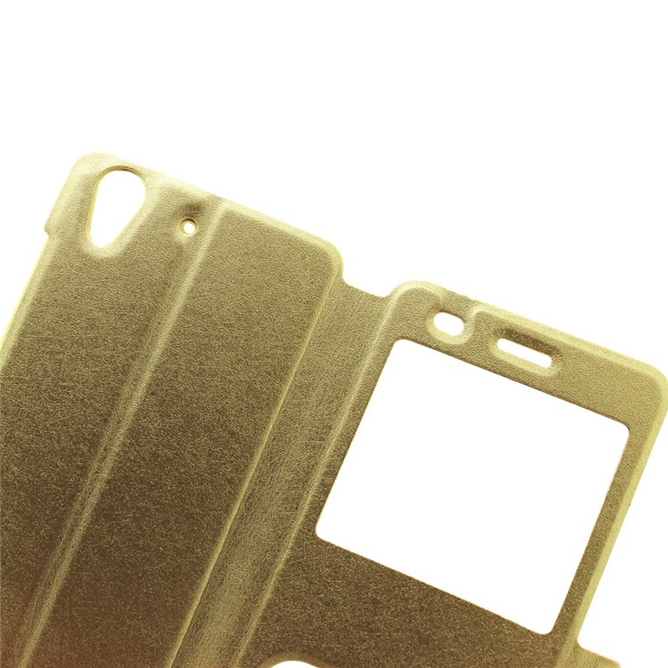 Silk Texture Dual Window Leather Stand Cover for Huawei Y6II / Honor 5A - Gold-6